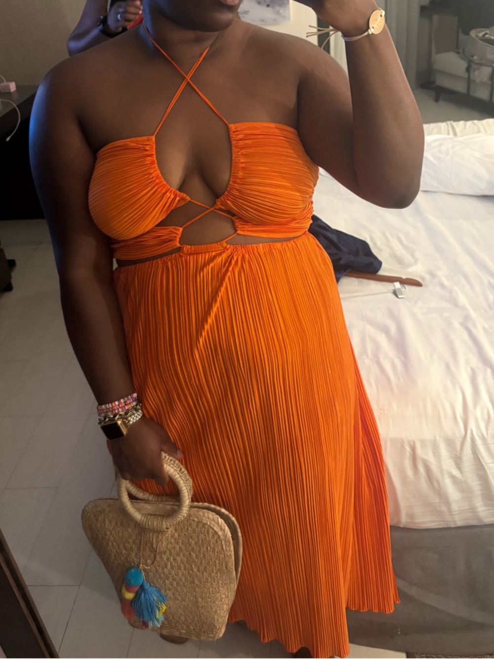 SHEIN Orange Halter Pleated Midi Dress